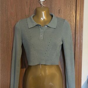 Le Lis Ribbed Knit Cropped Polo Sweater - Gray